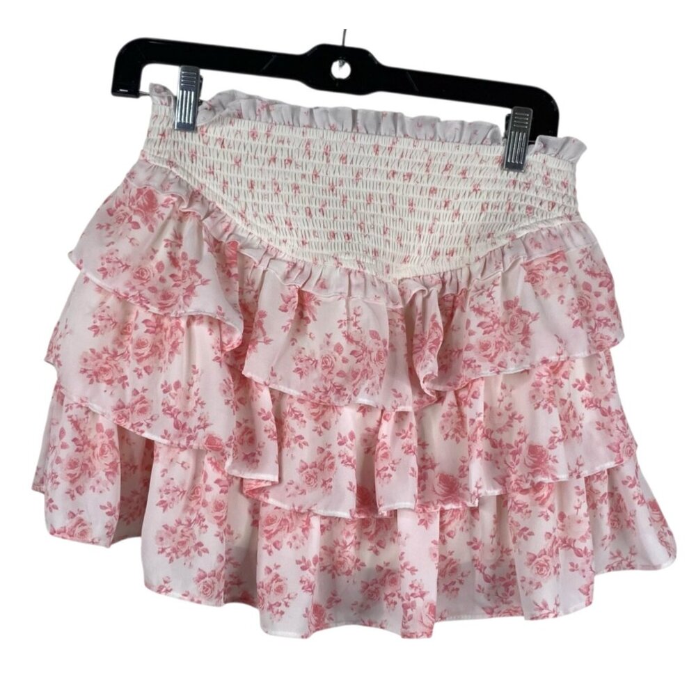 Thirty Thirty LA Skirt Mini Smocked Ruffles Pink Sz S Floral Dainty Coquette